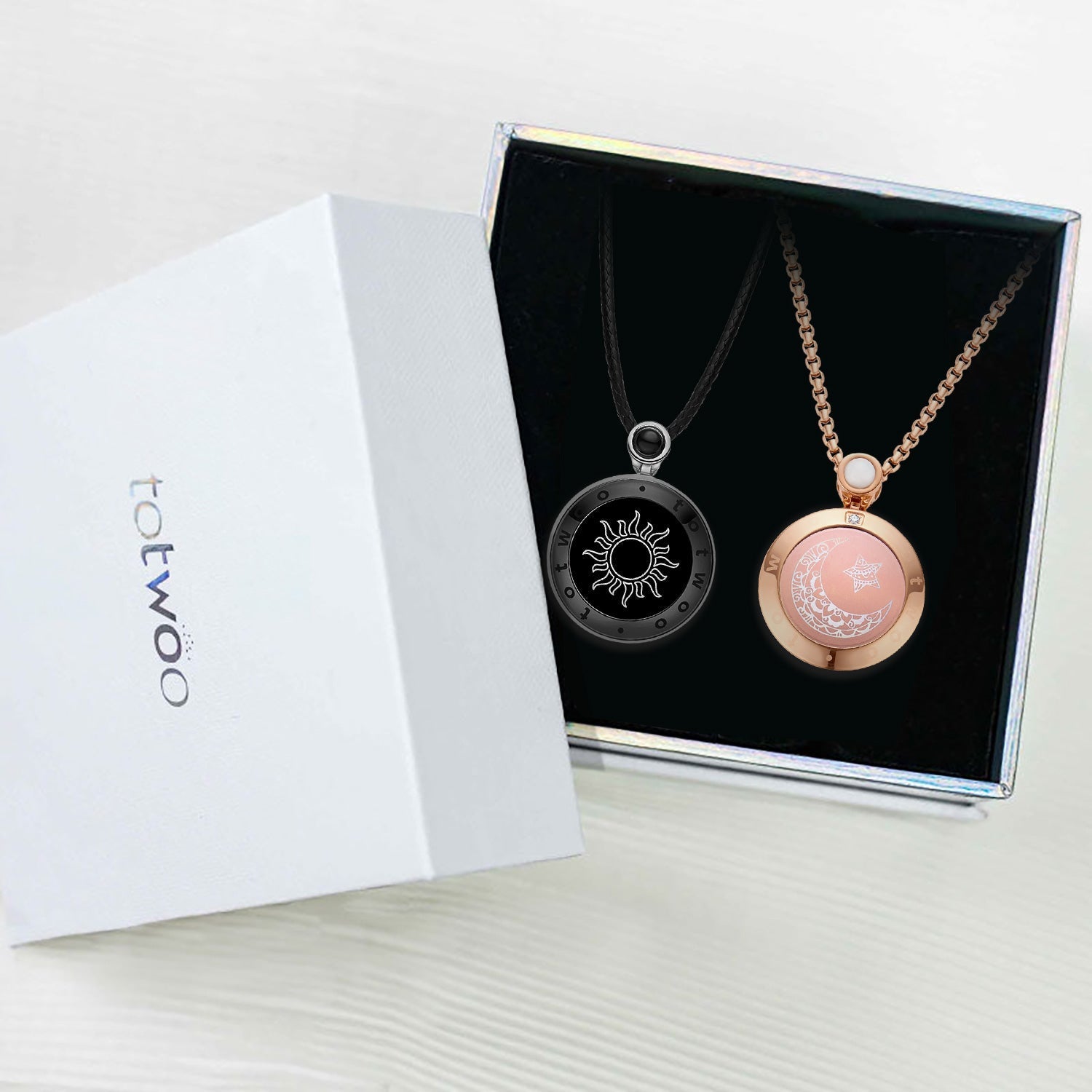 Sun & Moon Touch Necklaces with Agate (Black + Rose Gold)