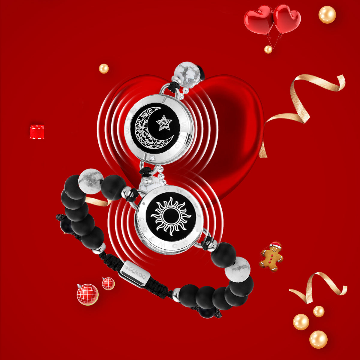 [Connected in Red Gift Packaging] Sun&Moon Touch Bracelets with Matching Beads