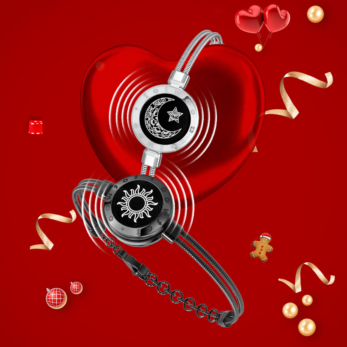 [Connected in Red Gift Packaging] Sun&Moon Touch Bracelets with Snake Chain (Black+Silver)