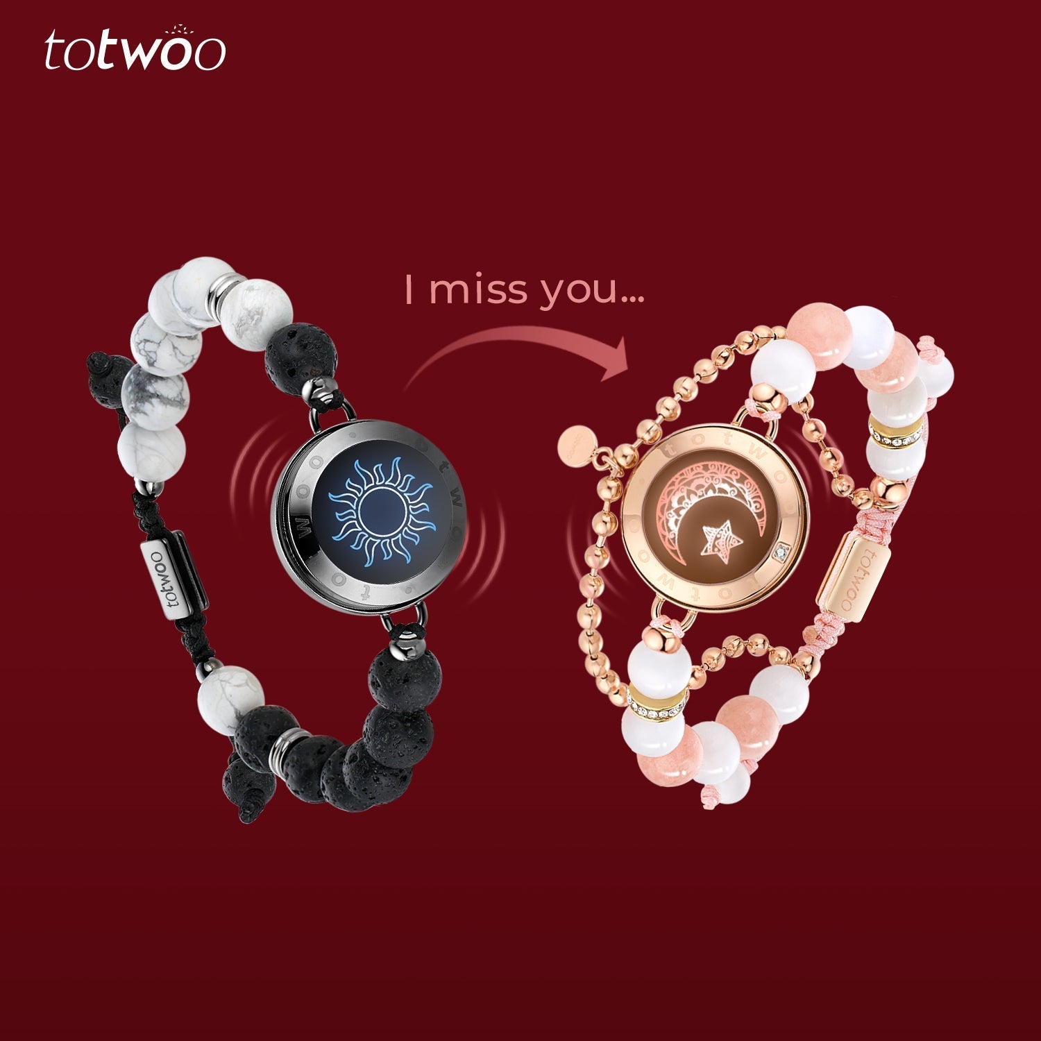 [Connected in Red Gift Packaging] Sun & Moon Touch Bracelets with Phantasmal Beads (Black+Rose Gold)