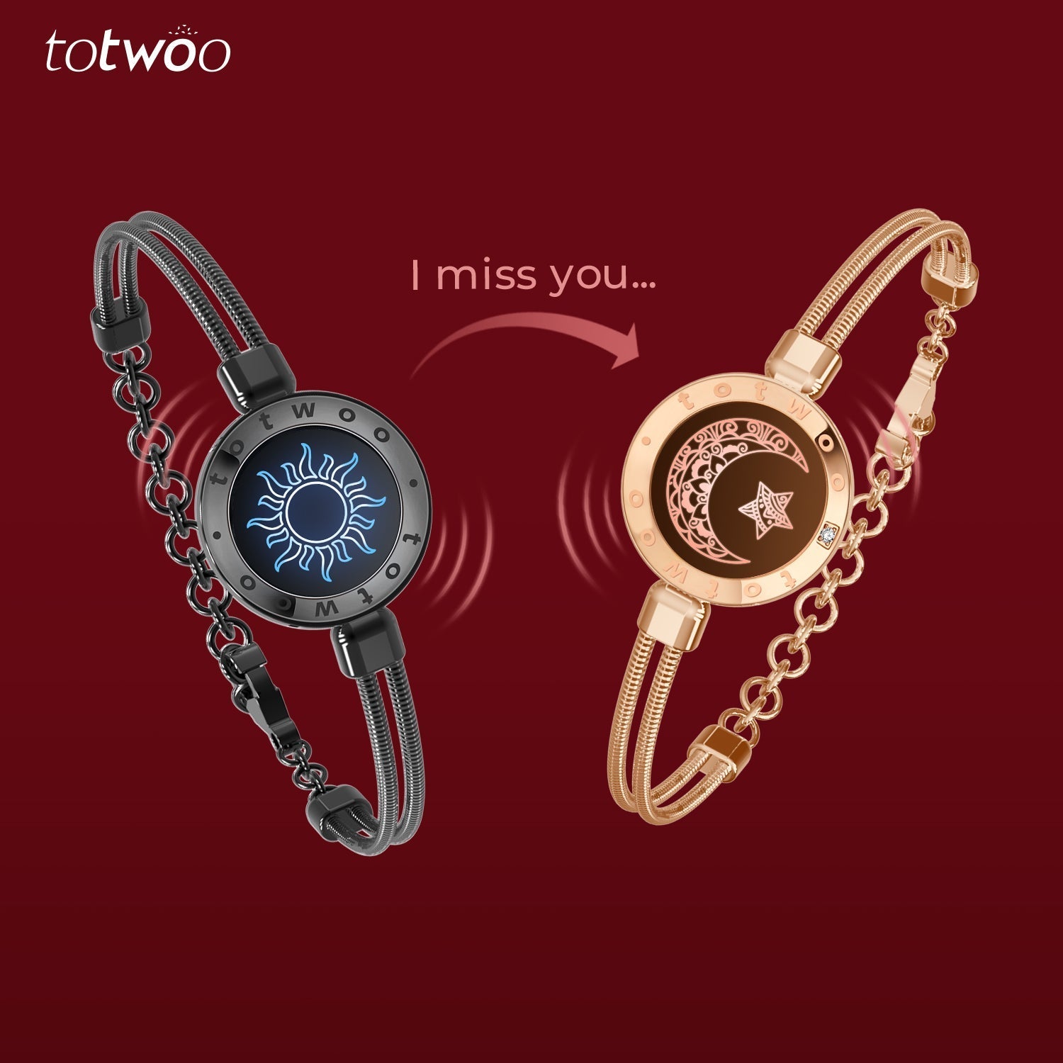 [Connected in Red Gift Packaging] Sun&Moon Touch Bracelets with Snake Chain (Black+Rose Gold)