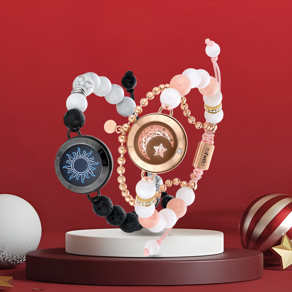 [Connected in Red Gift Packaging] Sun & Moon Touch Bracelets with Phantasmal Beads (Black+Rose Gold)
