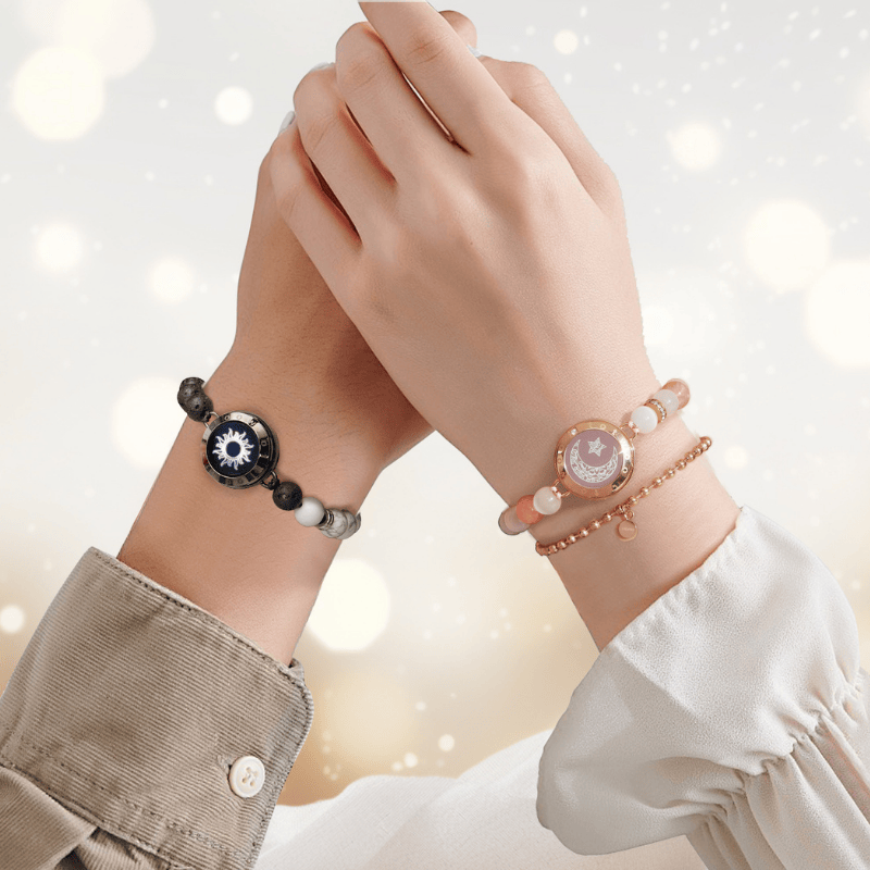 [Connected in Red Gift Packaging] Sun & Moon Touch Bracelets with Phantasmal Beads (Black+Rose Gold)